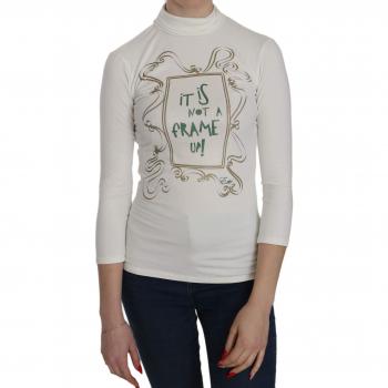 White Printed Turtle Neck 3/4 Sleeve Top Cotton Blouse