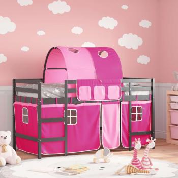 Cama alta infantil con túnel de madera de pino macizo en color rosa, dimensiones 90x200 cm