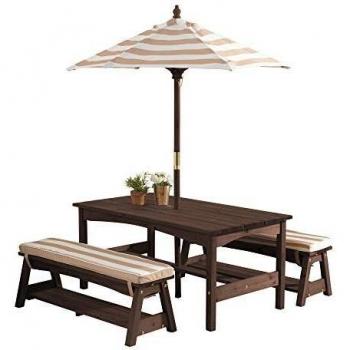 KidKraft 500 Outdoor Table & Bench Set with Cushions & Umbrella - Oatmeal & White Stripes Childrens Furniture