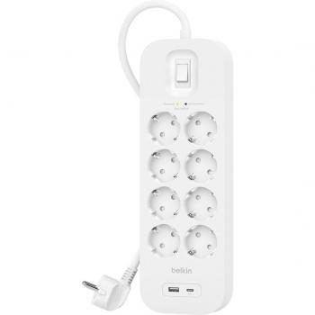 Belkin SurgePlus 8-Outlet Surge Protector with 2 USB Ports (1 USB-C, 1 USB-A) and 2m Cord, White