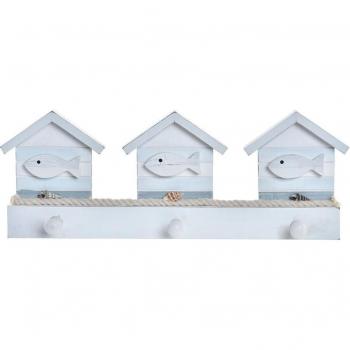 Perchero de Pared Madera con Cuerda y Casitas Azules