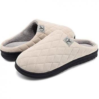 VIFUUR Zapatillas Hombre Mujer de casa Espuma de Memoria de Alta Densidad Cálido Interior Lana al Aire Libre Forro de Felpa Suela Antideslizante Zapatos Beige 42/43