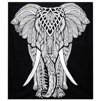 Black & White Elephant Print Double Cotton Bedspread with Wall Hanging