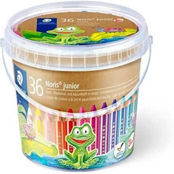 Staedtler Noris Junior 140 C18 Lápiz de color extra grueso 3 en 1: lápiz de color, cera y lápiz acuarelable. Cubilete con 36 lápices de colores surtidos