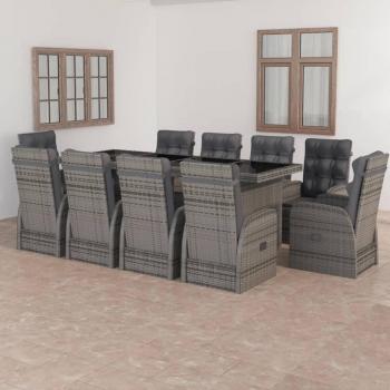 11-Piece Grey Poly Rattan Outdoor Dining Set with Cushions