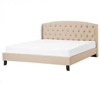 Cama Doble Tapizada Beige 160 x 200 cm con Cabecero Acolchado y Somier de Poliéster