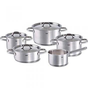 Set de Ollas Fissler Family Line, 9 Piezas en Acero Inoxidable 18/10, Inducción, Apta para Lavavajillas, con Tapa y Bordes Extra Anchos