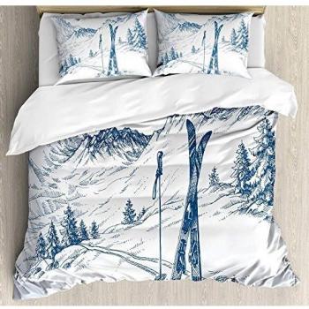 Juego de sábanas de invierno de 3 piezas Juego de fundas nórdicas, gráfico esquemático de un descenso con elementos de esquí en la nieve Relax Calm View, juego de fundas de edredón / Qulit de 3 piezas
