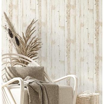 Papel Pintado No Tejido Natural Living con Aspecto de Madera, Ecológico y Sostenible, 10.05 m x 0.53 m, Beige y Blanco