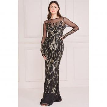 Goddiva Long Sleeve Sequin Flame Maxi Dress - Gold