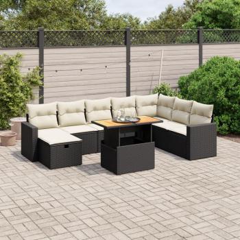 9-Piece Black Poly Rattan Garden Sofa Set with Cushions
