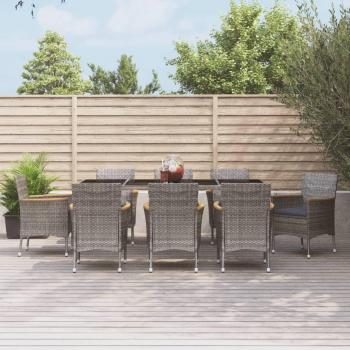 9-Piece Grey Poly Rattan Garden Dining Set with Cushions