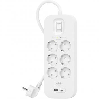 Belkin SurgePlus Blanco 6 Salidas AC, 1 USB-C, 1 USB-A, Protección contra Sobretensiones, Cable de 2m