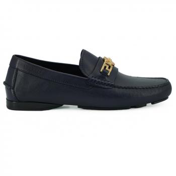 Versace Navy Blue Calf Leather Loafers Shoes - EU42/US9