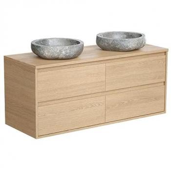 Mueble de baño suspendido con doble lavabo de piedra - Chapado en roble - 120 cm - MILIPAM