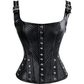 Kimring Women's Faux Leather Square Neck Boned Punk Gothic Retro Bustier corsé with Buckles Shoulder Straps Black XX-Large