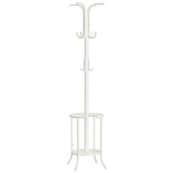 Perchero Metálico con Paragüero Integrado, 175 cm Alto, 12 Ganchos, Ideal para Entrada, Salón y Dormitorio, Blanco Perla