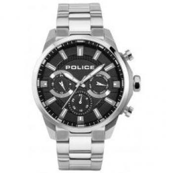 Reloj Hombre Police PEWJK2204201 - Reloj de acero inoxidable, esfera negra, cronógrafo, resistente al agua hasta 100 metros, correa de silicona negra