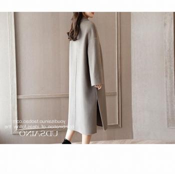 DM Abrigo de Lana de Doble Cara de Otoño E Invierno en la Parte Larga de la Chaqueta Suelta de Moda de la Rodilla,Color café gris,S
