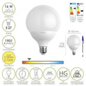 Bombilla LED Globo E27 16W Equivalencia 130W 1901 Lúmenes Luz Cálida 2700K