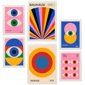 Set de 6 Pósters Geométricos Bauhaus con Formas y Ojos para Decoración de Paredes del Hogar - Tamaños A3 y A4 Sin Marco