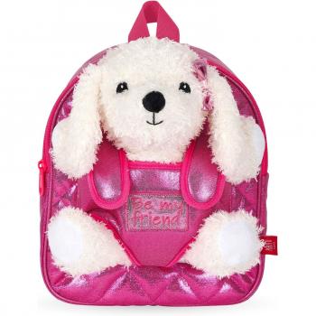 Mochila de niña Perletti rosa con peluche extraíble perro blanco con lazo, dimensiones 9x21x27 cm