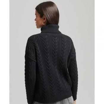 Superdry Women's Black Drop-Shoulder Cable Knit Turtleneck Sweater