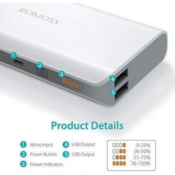 Romoss - Solo 5 10000 mAh Universal de 2 Puertos Cargador portátil Banco de alimentación Externa 2.1 A/1 A Salida para Smartphones y Tablets