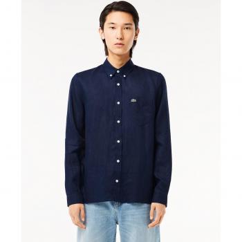 Lacoste Men's Long Sleeve Blue Linen Casual Shirt, Size S