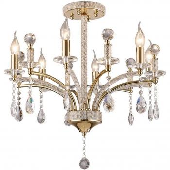 Lámpara colgante de techo semi empotrada Fiore 6 luces oro francés y cristal