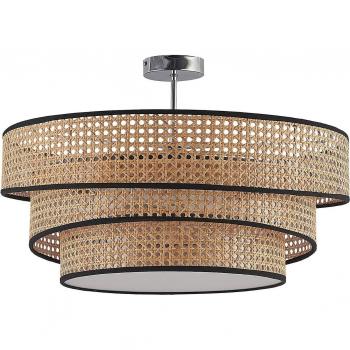 Plafón de mimbre Lucande Elowen, lámpara de techo marrón E27 para salón y comedor, 3 llamas, madera clara y cromo