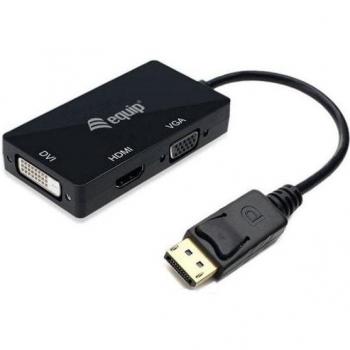 Equip Adaptador DisplayPort a HDMI/VGA/DVI, Macho a 3-en-1 Hembra, Cable de 24cm, Negro, Modelo 133441
