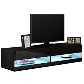 Mesa de TV Charlotte A120, Mueble para Televisor Negro Brillante, 140x30x40cm, 2 Puertas