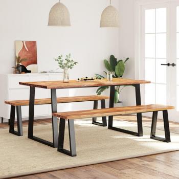 vidaXL 3 Piece Dining Set with Live Edge Solid Wood Acacia - Features: Includes a dining table and two benches, made from solid acacia wood with a live edge design, sturdy construction, natural finish, suitable for indoor or outdoor use