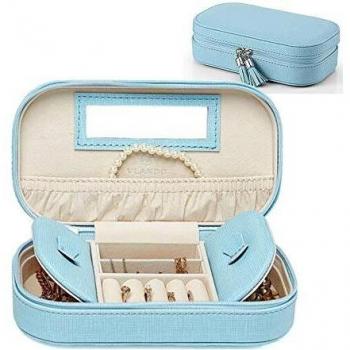 Vlando Small Jewellery Box Organiser for Necklaces Earrings Rings - Woman Girls Tassel Zipped Jewelry Case, Blue