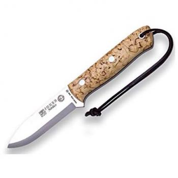 Cuchillo de Caza Nórdico Joker CL115-P con Mango de Abedul Rizado, Hoja de 10 cm y Funda de Piel Marrón con Pedernal Incorporado para Pesca, Caza, Camping y