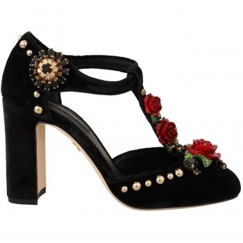 Dolce & Gabbana Black Mary Jane Pumps with Roses and Crystals, Elegant Velvet T-Strap, Size EU35.5/US5, UK 2 1/2