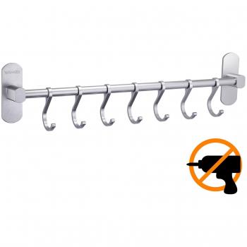 Wangel Adhesivo 7 Gancho Barra Soportes y Organizadores para Utensilios de Cocina, Pegamento Patentado + Autoadhesivo, Aluminio, Acabado Mate, 40CM