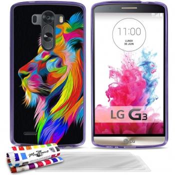 Carcasa flexible Ultra-Slim LG G3 VS98 de exclusivo motivo [Leon multicolor] [Violeta] de MUZZANO + 3 Pelliculas de Pantalla UltraClear + ESTILETE y PAÑO MUZZANO® REGALADOS - La Protección Antigolpes ULTIMA, ELEGANTE Y DURADERA para su LG G3 VS98