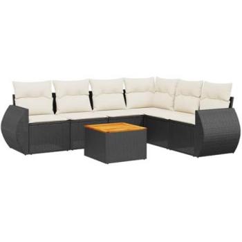 Set de comedor de jardín 7 pzas con cojines de ratán sintético negro y crema