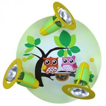 Lámpara de Techo Familiar de Búhos para Niños, Verde y Amarillo, 3 Focos