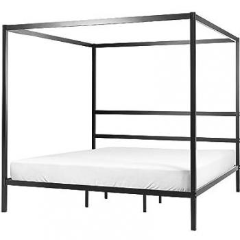 Cama con dosel de metal negro 180 x 200 cm, somier de contrachapado, estilo moderno minimalista