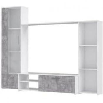 Mueble TV de pared blanco mate y hormigón gris claro con puerta de cristal y 5 nichos - 220,4 x 41,3 x 177,5 cm