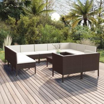 12-Piece Brown Poly Rattan Garden Lounge Set with Cushions