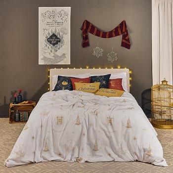 Funda Nórdica Harry Potter Hogwarts Gold Christmas 100% Algodón Orgánico Multicolor 175 Hilos 155 x 220 cm para Cama de 90 con Botones