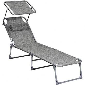 SONGMICS Tumbona, Tumbona Reclinable, con Reposacabezas, Respaldo y Parasol Reclinables, Ligera, Plegable, 53 x 193 x 29,5 cm, Carga 150 kg, para el Jardín, Beige Grisáceo GCB19T