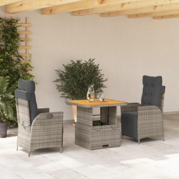 3-Piece Grey Poly Rattan Garden Dining Set with Cushions