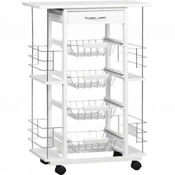 Carrito de Cocina con Ruedas HOMCOM - Organizador Móvil para Cocina con Cajón, Cestas Metálicas, Especieros y Baldosa - Color Blanco