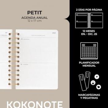 Agenda Anual 2025 Petit Sugar Petal Kokonote Beige - Agenda Pequeña con Ilustraciones y Pegatinas, Dos Días por Página