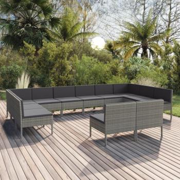 12-Piece Grey Poly Rattan Garden Lounge Set with Cushions